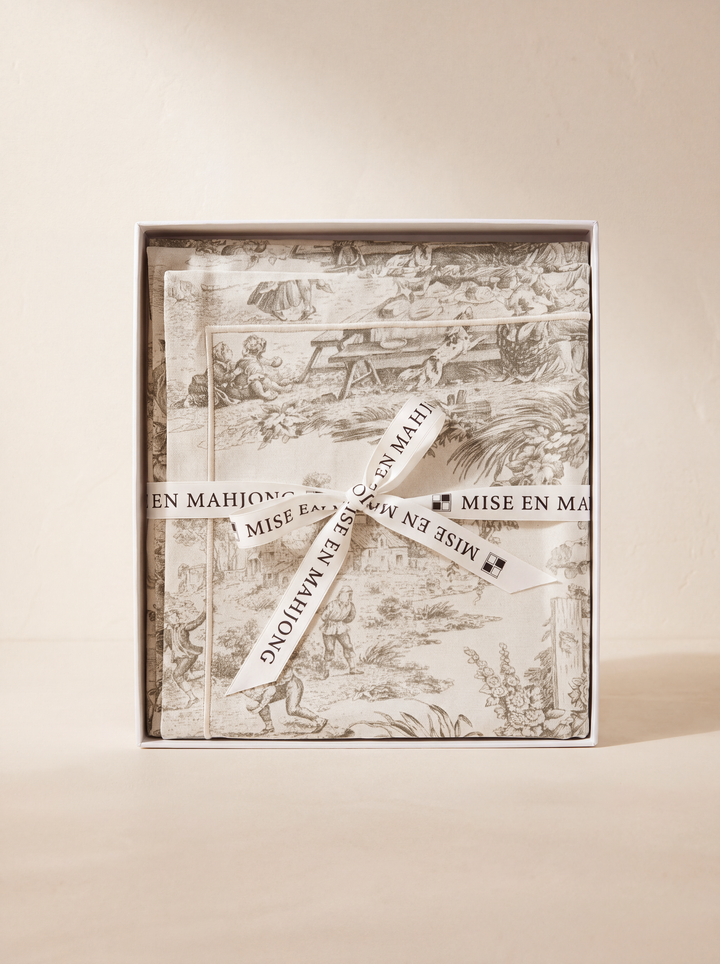 A Morning in Italy Table Cover in Latte+Cream Toile