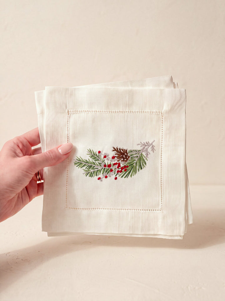 Holiday Sprig Linen Cocktail Napkin Set