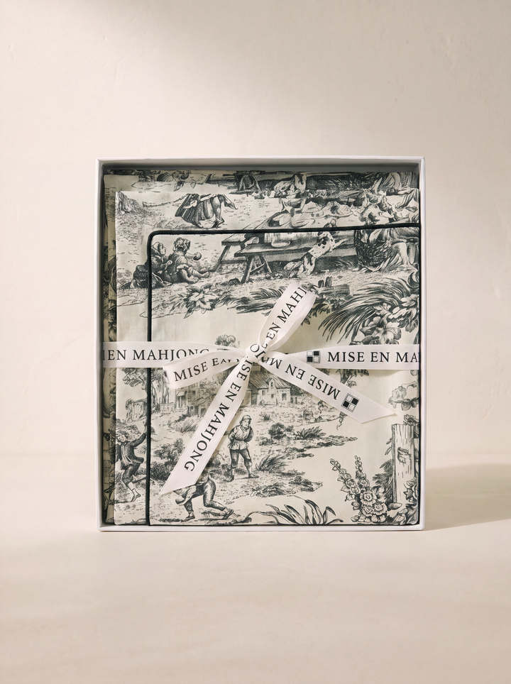 An Evening in Italy Table Cover in Black+Cream Toile