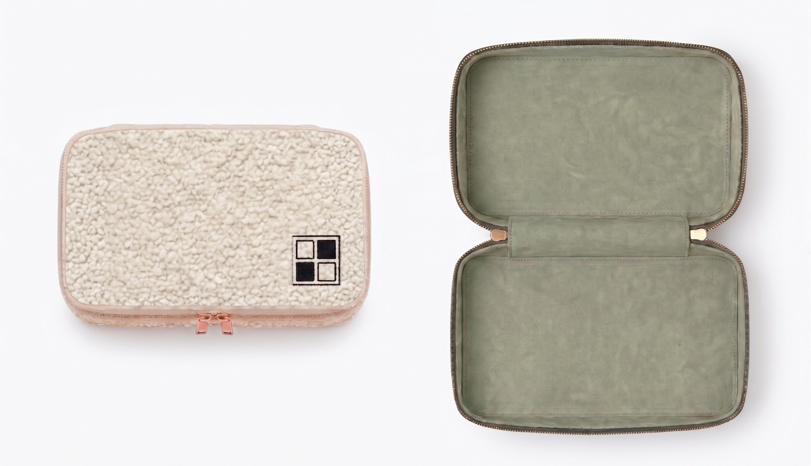 Ivory bouclé tile storage bag with rose-gold drawstring.