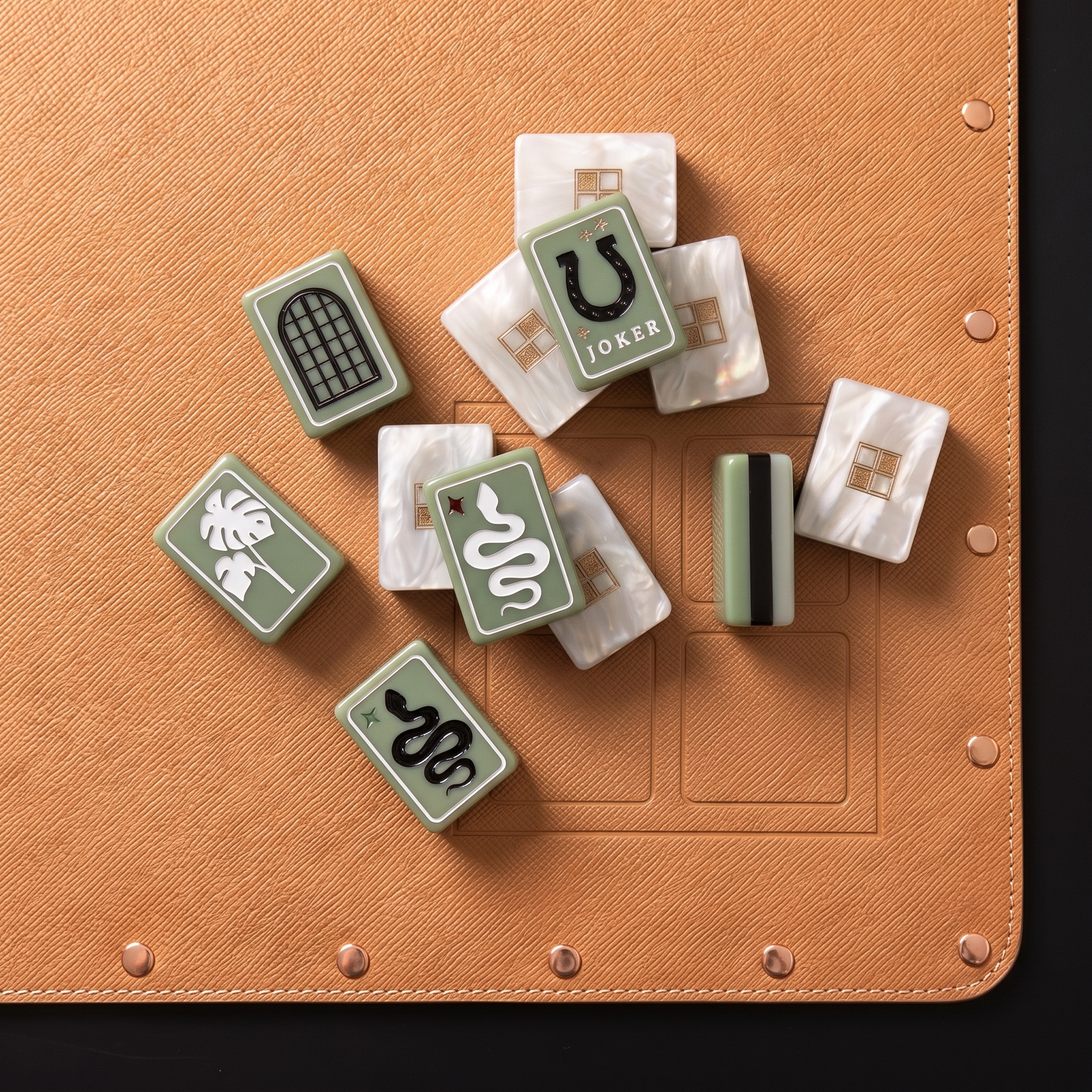 Eight Modern Farmhouse tiles arranged in two rows — sage faces with hand-painted black pictographs, mother-of-pearl acrylic edges.