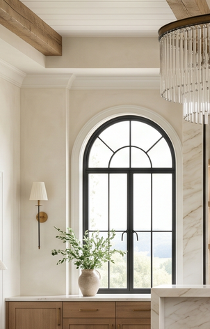 Arched steel-framed window in a cream-walled room with sconce and olive branch vase
