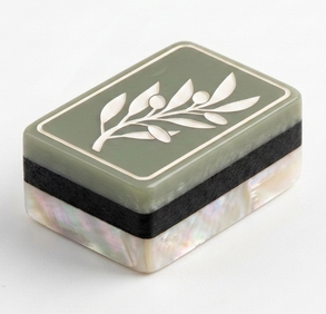 Sage green Mise en Mahjong tile with hand-painted olive branch illustration