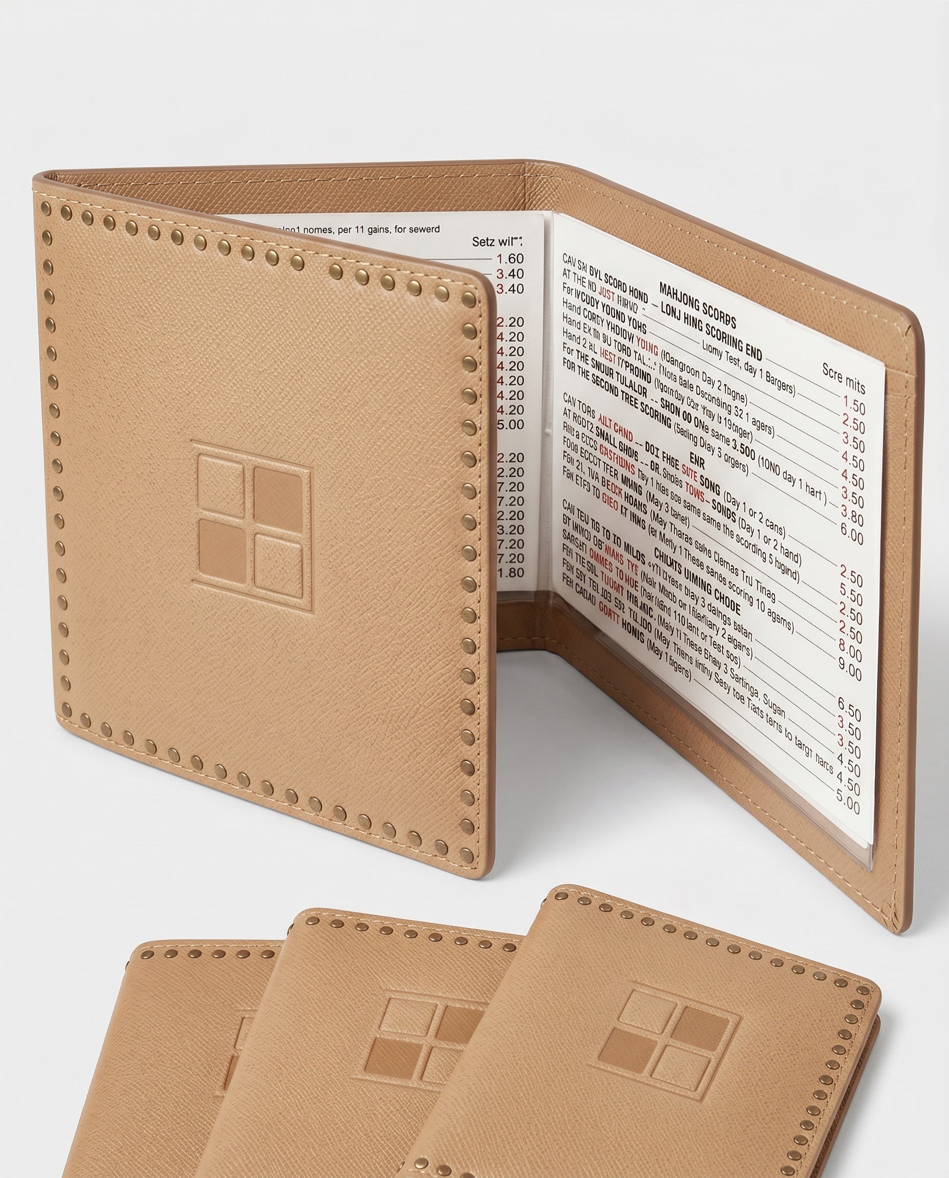 Tan vegan leather card protector open with three additional protectors stacked.