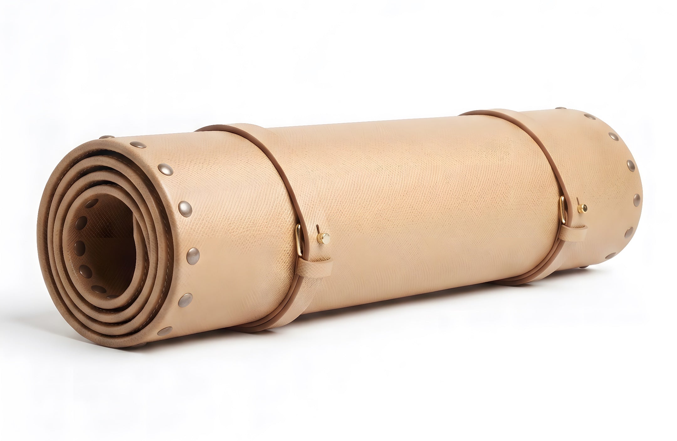 33-inch tan vegan leather game mat rolled with copper rivets and gold buckles.