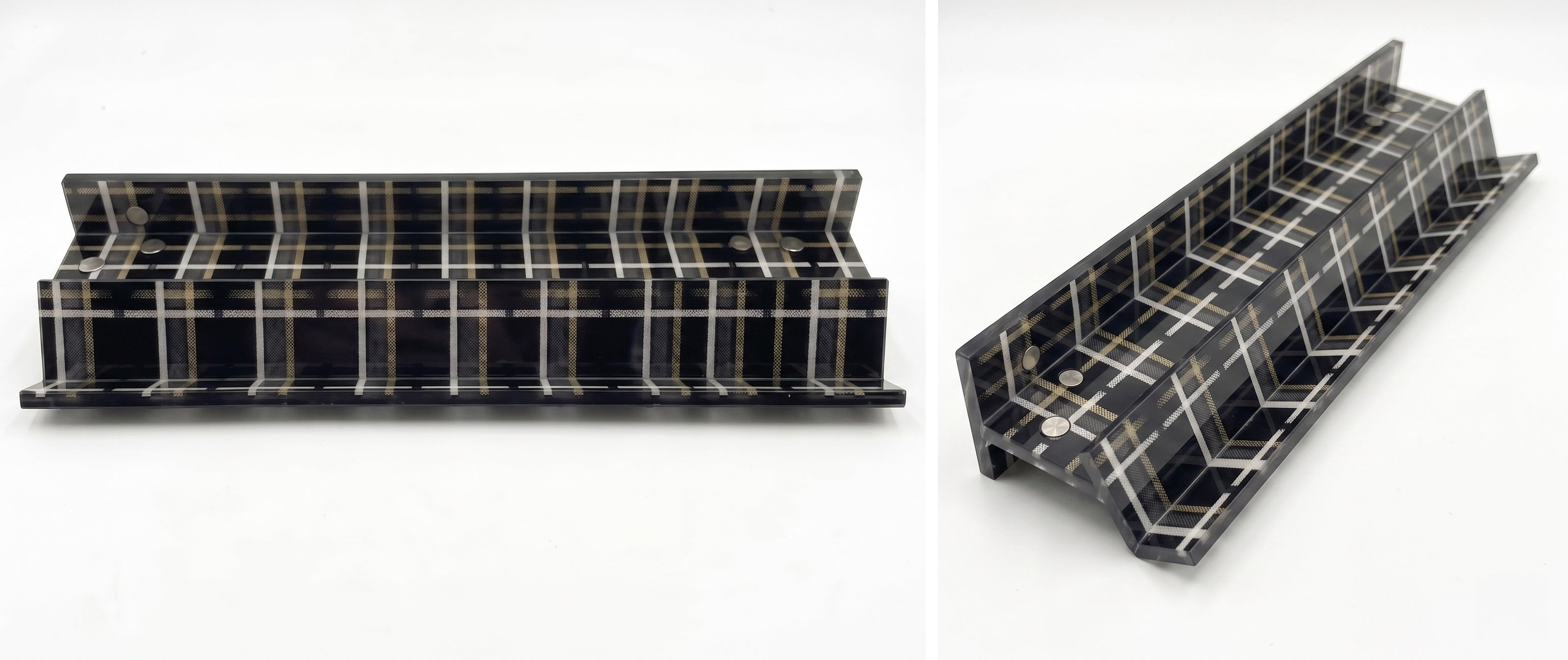 Black plaid acrylic rack with white and gold stripes.