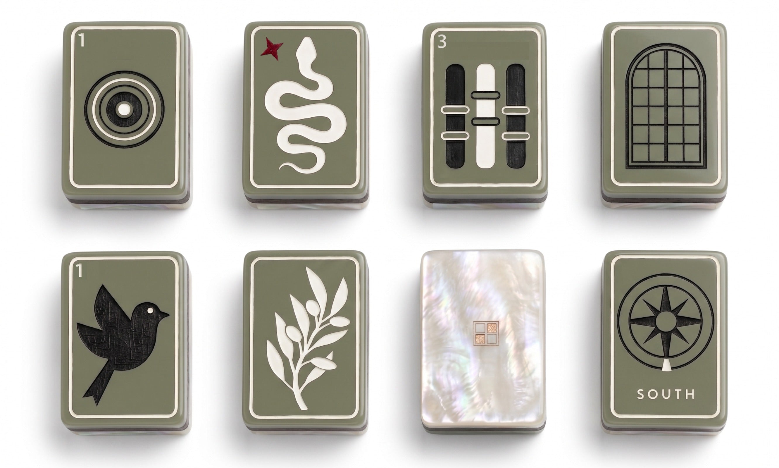 Eight Modern Farmhouse tiles arranged in two rows of four — One Dot, snake, Three Bamboo, arched window, One Bird, olive branch, mother-of-pearl acrylic back, South Wind.